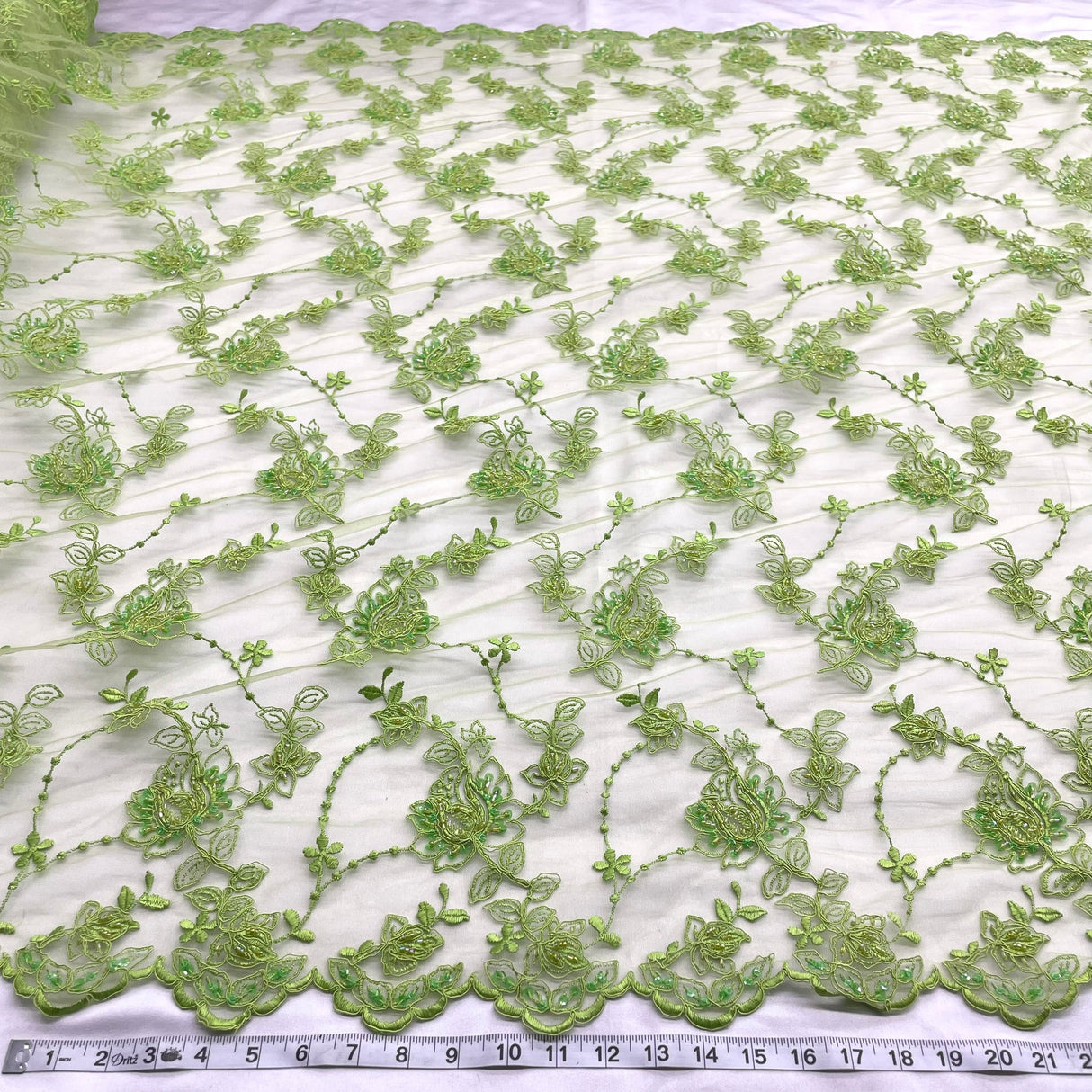 1 Yard Beaded and Corded Bridal Lace Fabric Embroidered on Polyester Net Mesh for Elegant Wedding Gowns – 50"