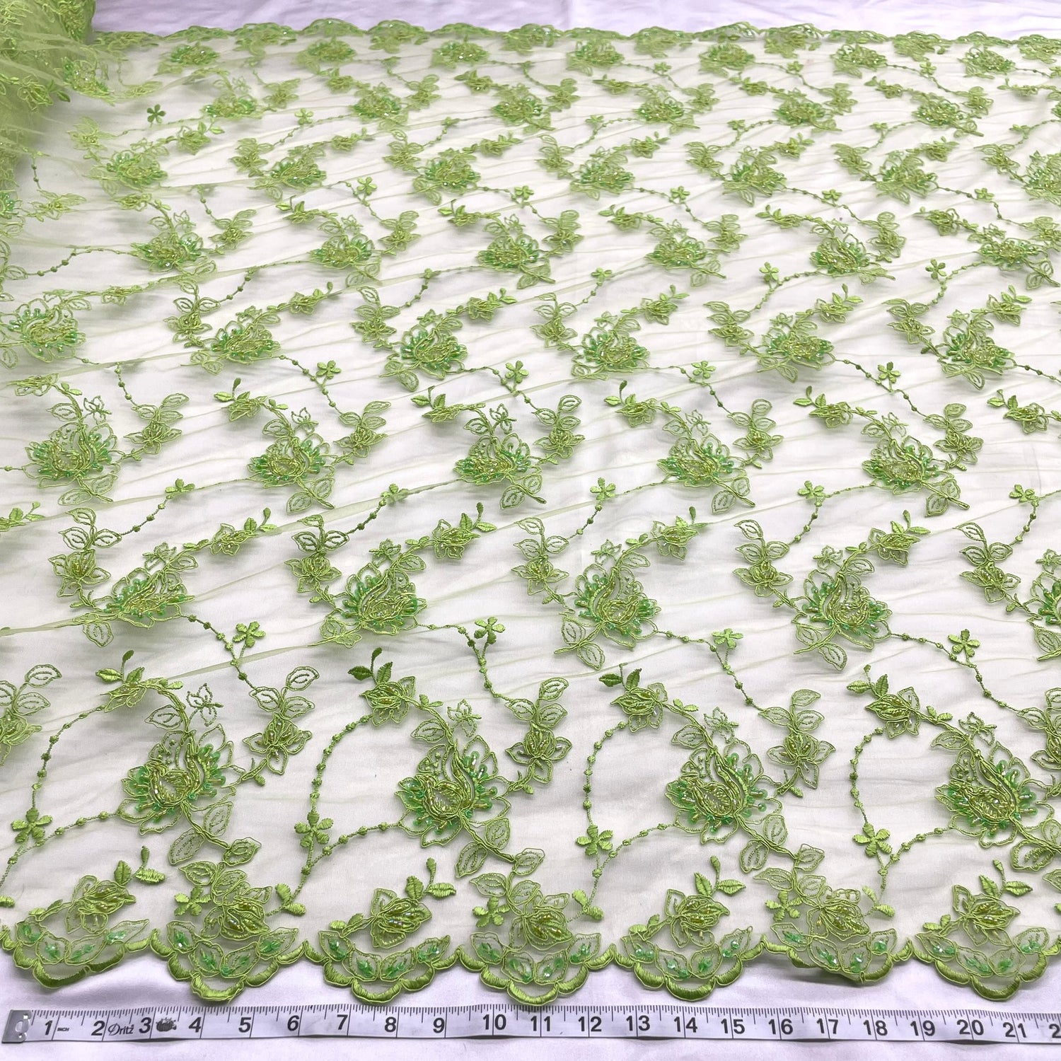 1 Yard Beaded and Corded Bridal Lace Fabric Embroidered on Polyester Net Mesh for Elegant Wedding Gowns – 50"