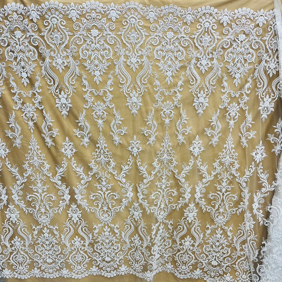 1 Yard Beaded & Sequined Lace Fabric, Ivory, Silver, and Blush
