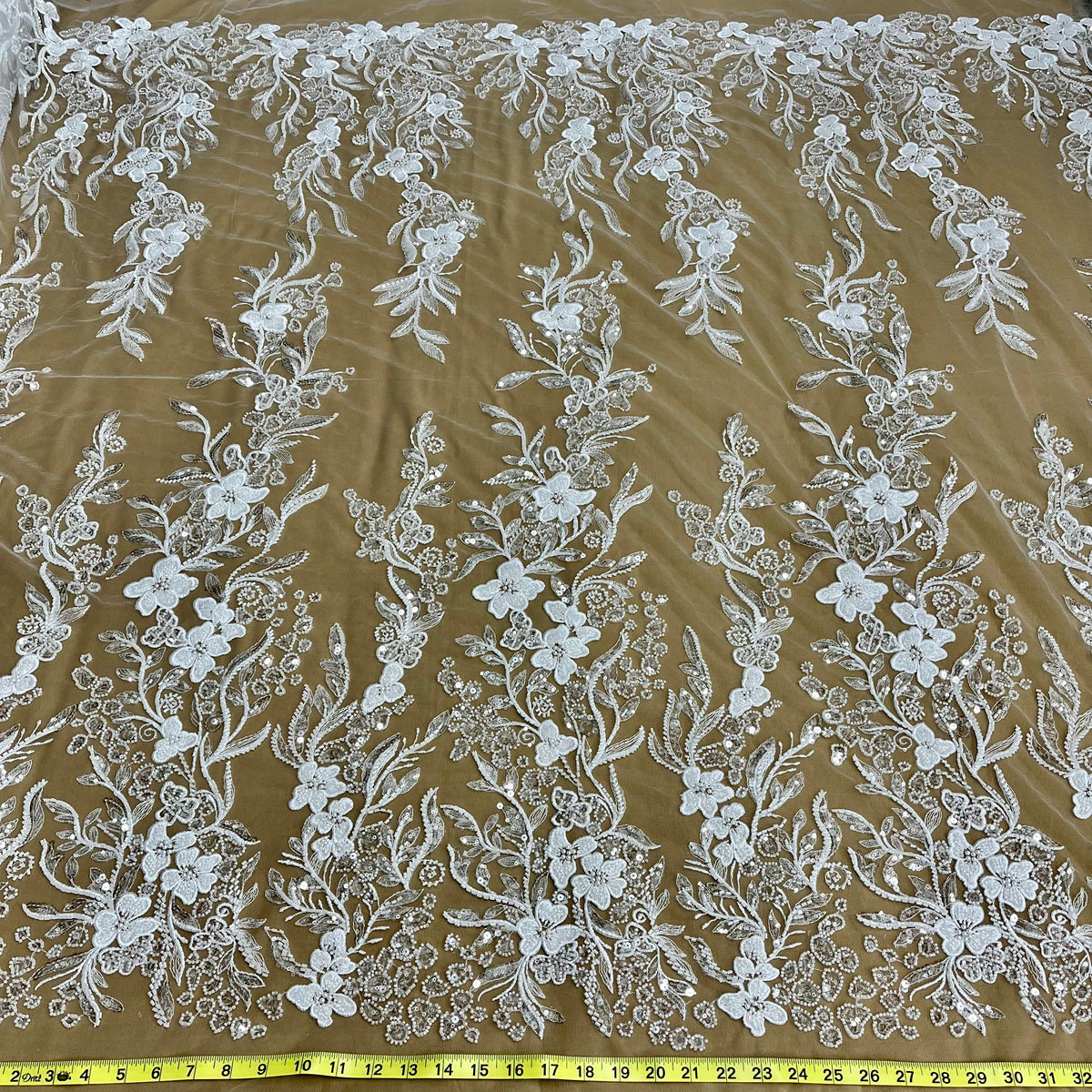 1 Yard Beaded Lace Fabric Embroidered on 100% Polyester Net Mesh, Elegant Embroidery Lace Material