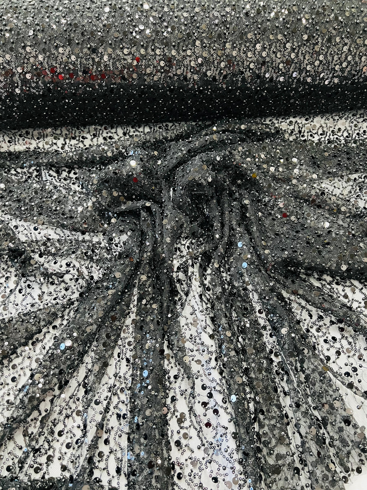 All Over Beaded Lace Polyester Fabric - Beaded, Sequins, Pearls, Mesh Lace, 54" Width (1 Yard)