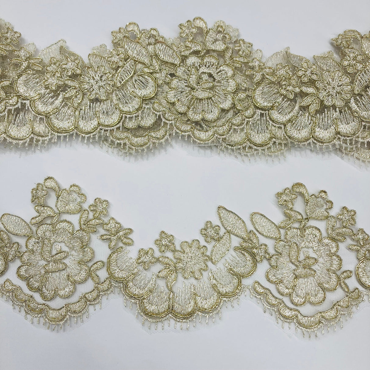 Corded Lace Trimming Embroidered On 100 Percent Polyester Net Mesh Fabric - Black, Gold Antique, Gold Metallic, Ivory With Silver Cording, Ivory, Red, Silver Metallic, White With Silver Cording, White, 3.5" Width (1 Yard)