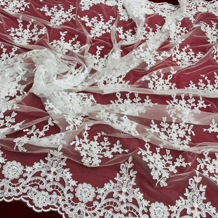 1 Yard Beaded and Corded Bridal Lace Fabric Embroidered on 100% Polyester Net Mesh White