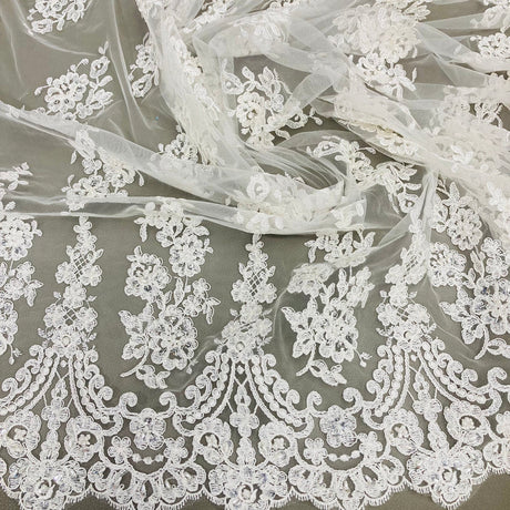 1 Yard Luxurious Corded Lace Fabric Embroidered on 100% Polyester Net Mesh White