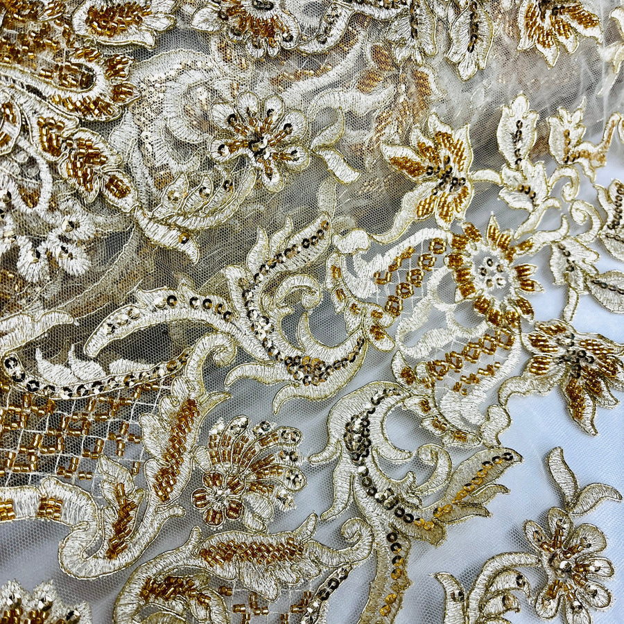 1 Yard Beaded & Corded Bridal Lace Fabric Embroidered on 100% Polyester Net Mesh