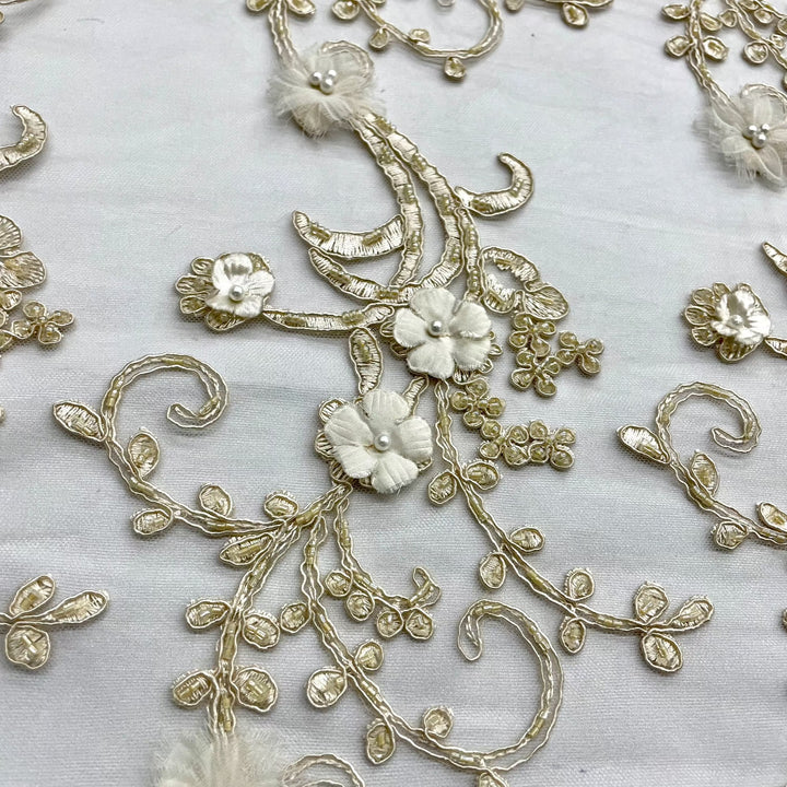 1 Yard Beaded 3D Floral Lace Fabric Embroidered on 100 Percent Polyester Net Mesh White 52 inch Width