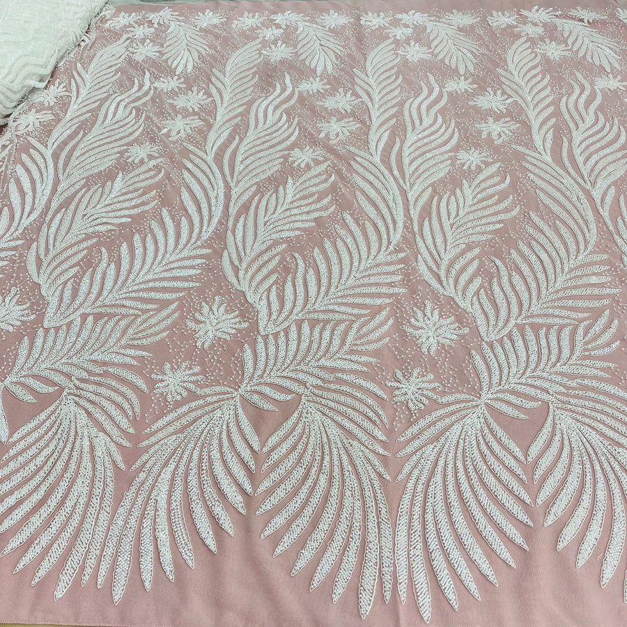 1 Yard Beaded and Corded Bridal Lace Fabric Embroidered on Polyester Net Mesh