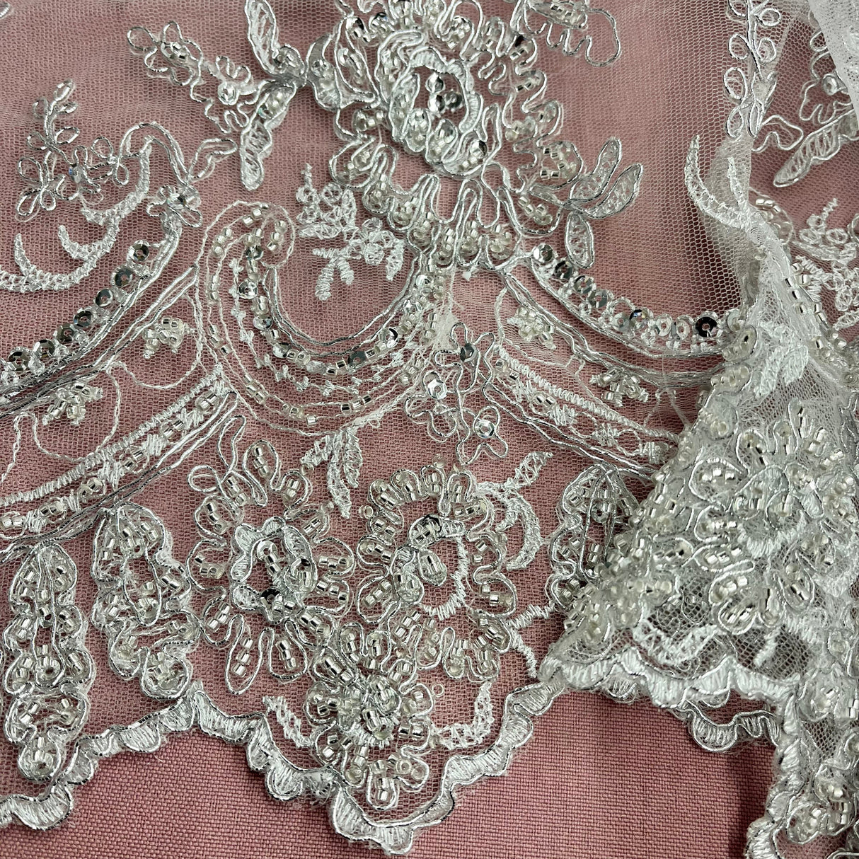 Beaded & Corded Bridal Polyester Lace Fabric - Embroidered Net Mesh, 51" Width (1 Yard)