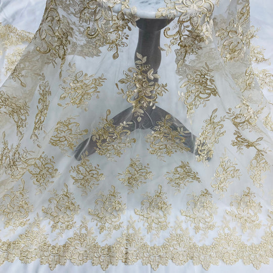 1 Yard Corded Bridal Lace Fabric Embroidered on 100% Polyester Net Mesh Gold 54" Wide