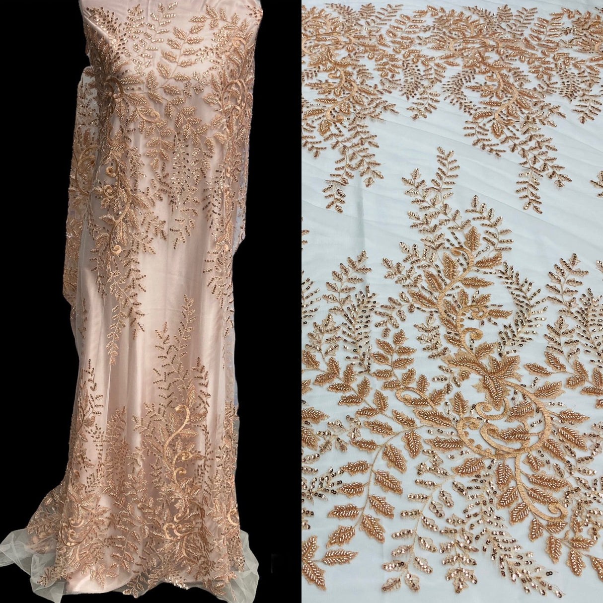 Beaded Sequined Lace Fabric on Polyester Net Mesh