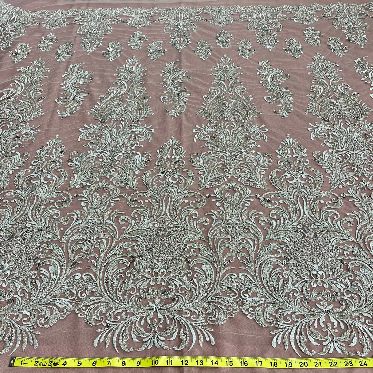 Beaded Lace Fabric Embroidered On 100 Percent Polyester Net Mesh - White, Ivory, Silver, Gold, Rose Gold, 60" Width (1 Yard)
