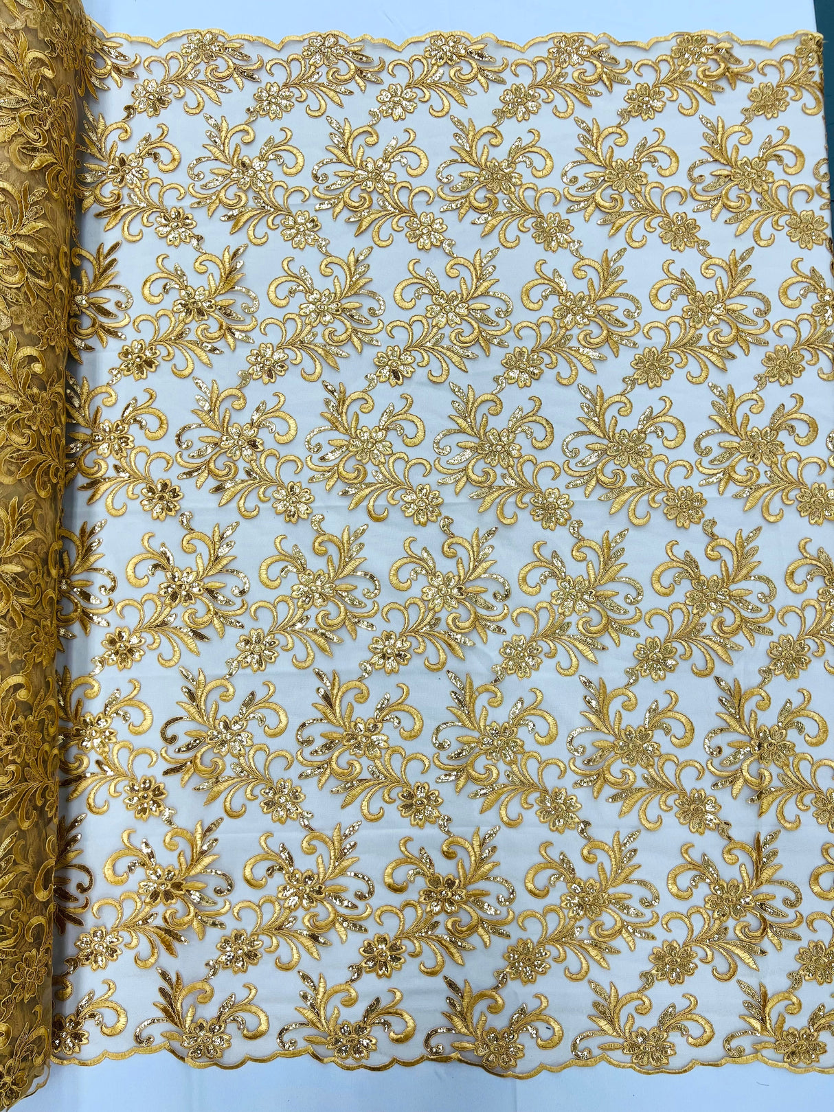 Estrella Corded Flowers Embroider With Sequins Mesh Lace Fabric - Floral Embroidered, Double Scallop, 50-54" Width, 36" Length (1 Yard)
