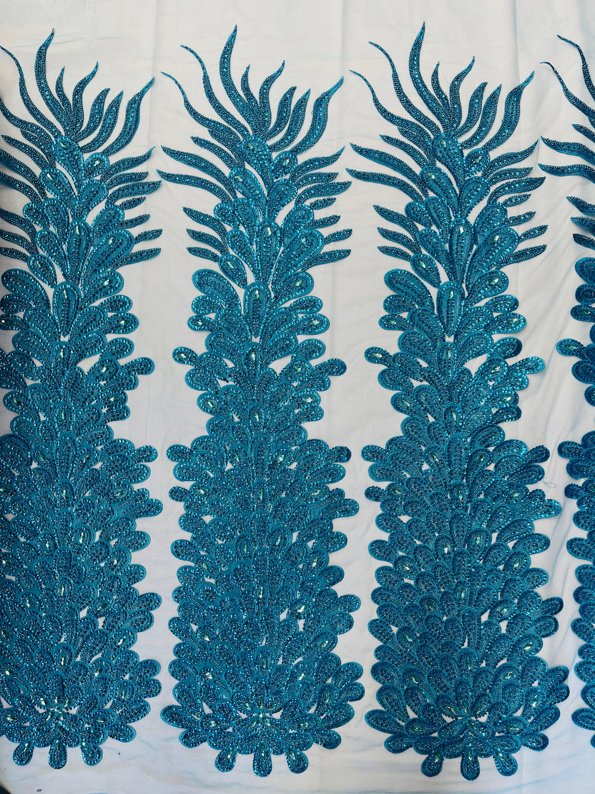 New Vegas Heavy Beaded Feather Design Embroidery Mesh Fabric - Beaded Feather Design, 11" Width, 50" Length (1 Panel)