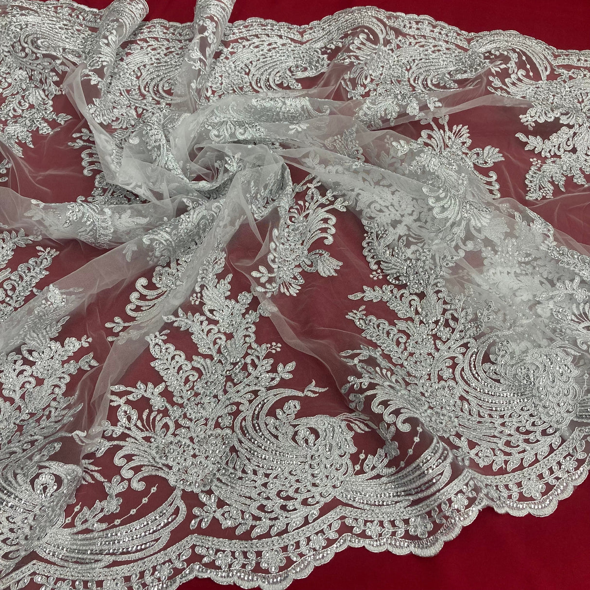 Beaded Corded Bridal Lace Fabric - Embroidered Polyester Net Mesh, 50" Width, Gold, Silver, Ivory, White (1 Yard)