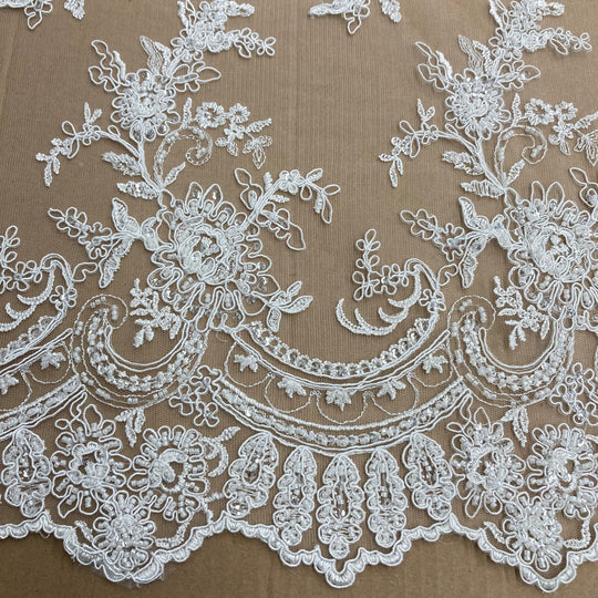 1 Yard Beaded and Corded Bridal Fabric Lace Embroidered on Polyester Net Mesh 51 inch Width