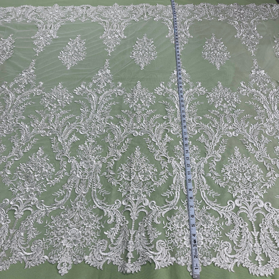 1 Yard Corded Bridal Lace Fabric Embroidered on Polyester Net Mesh