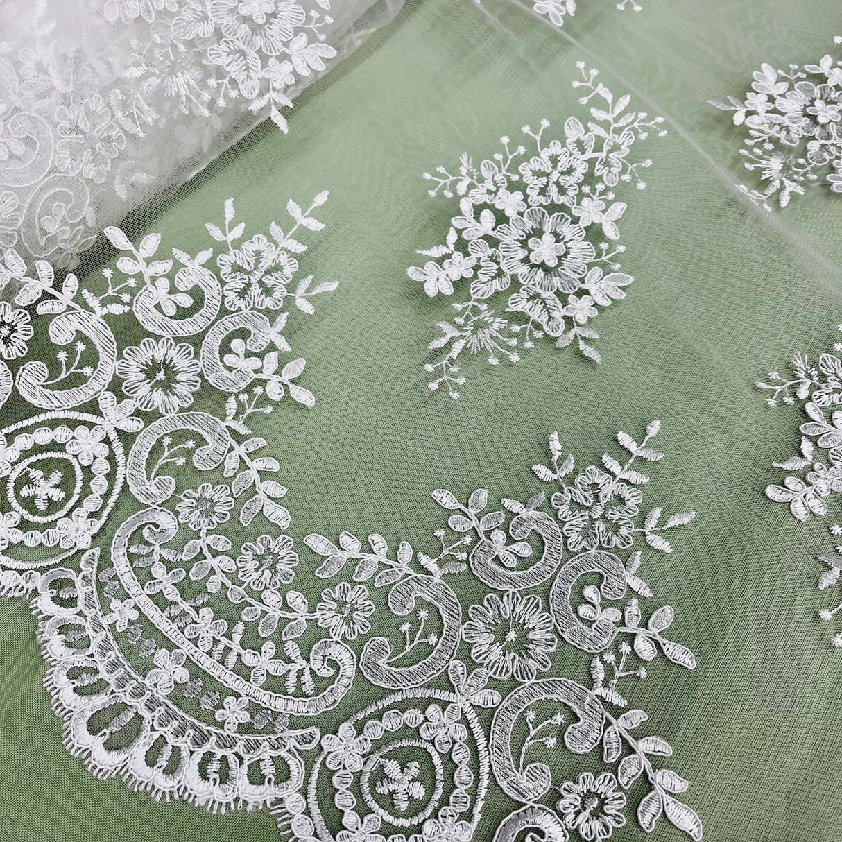 1 Yard Silver Corded Bridal Lace Fabric Embroidered on Polyester Net Mesh Elegant Design 56 Inch Width