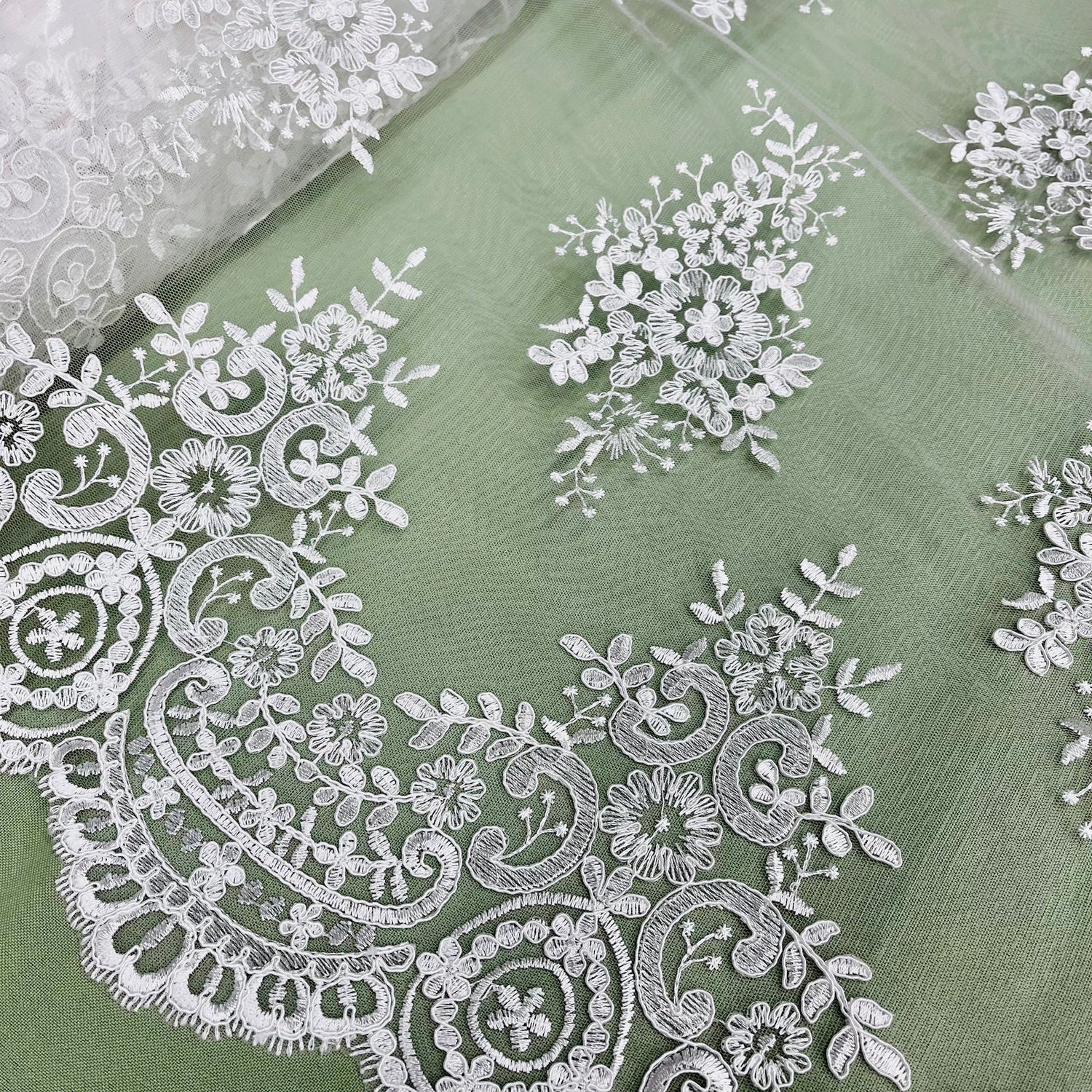 1 Yard Silver Corded Bridal Lace Fabric Embroidered on Polyester Net Mesh Elegant Design 56 Inch Width