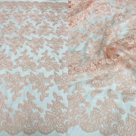 1 Yard - Corded Bridal Lace Fabric Embroidered on 100% Polyester Net Mesh - 51" Wide