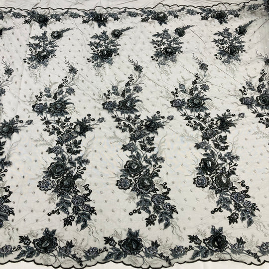 1 Yard Stunning Beaded 3D Floral Lace Fabric Embroidered on Polyester Net Mesh