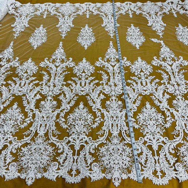 1 Yard Exquisite Bridal Lace Fabric Embroidered on 100% Polyester Net Mesh White