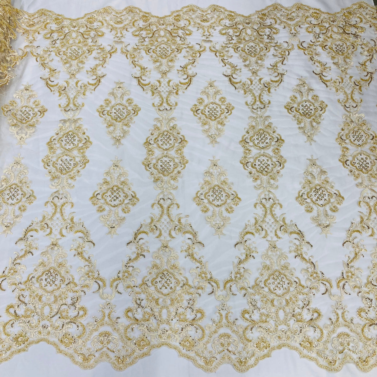 Beaded Lace Fabric on Polyester Net Mesh 53"