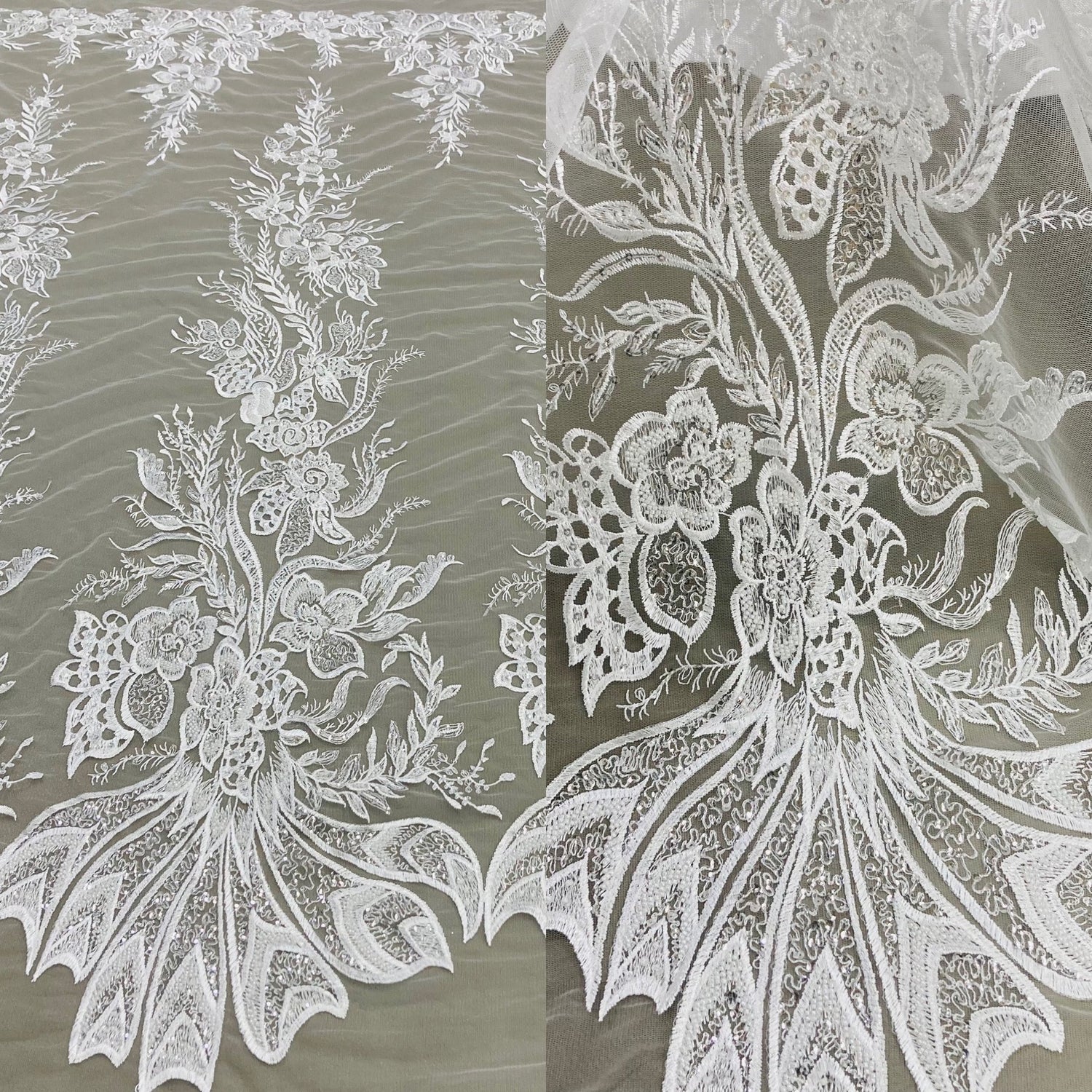 1 Yard Elegant Beaded and Sequined Lace Fabric Embroidered on Polyester Net Mesh