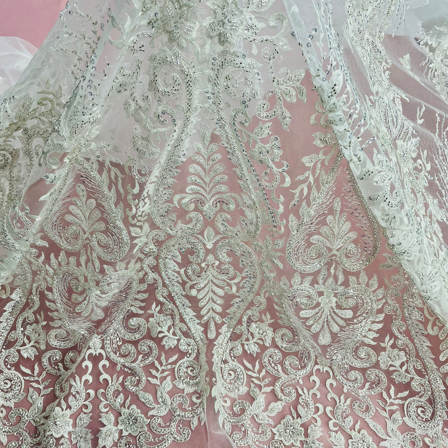 1 Yard Beaded Lace Fabric Embroidered on 100% Polyester Net Mesh | Ivory