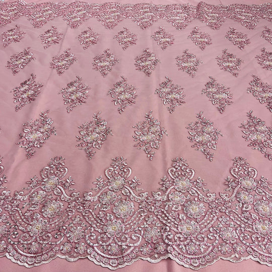 1 Yard Regal Beaded and Corded Lace Fabric with Scallops Embroidered on Polyester Net Mesh