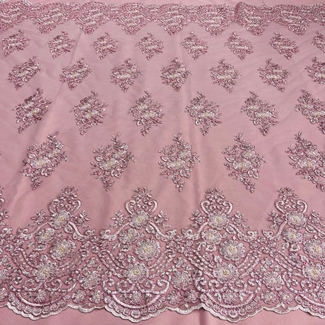 1 Yard Regal Beaded and Corded Lace Fabric with Scallops Embroidered on Polyester Net Mesh