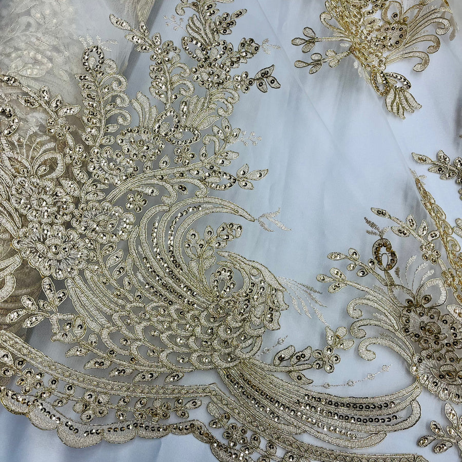 1 Yard Beaded and Corded Bridal Lace Fabric Embroidered on Polyester Net Mesh