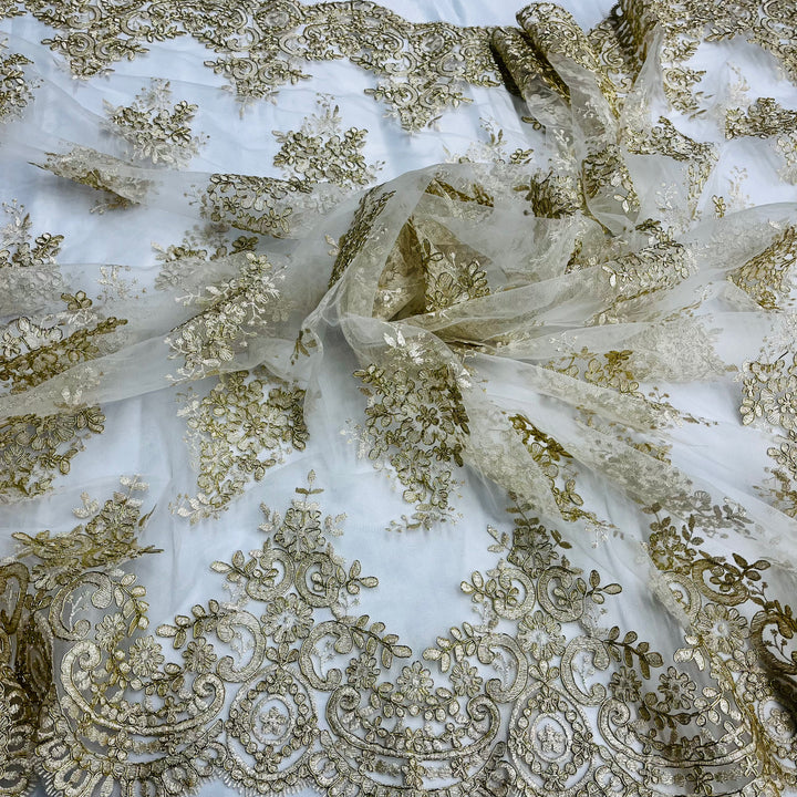 1 Yard Luxurious Corded Embroidered Bridal Lace Fabric for Couture Dresses White