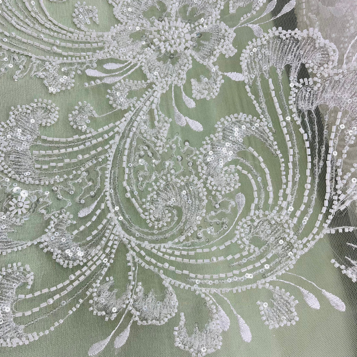 Beaded Lace Fabric on Polyester Net Mesh