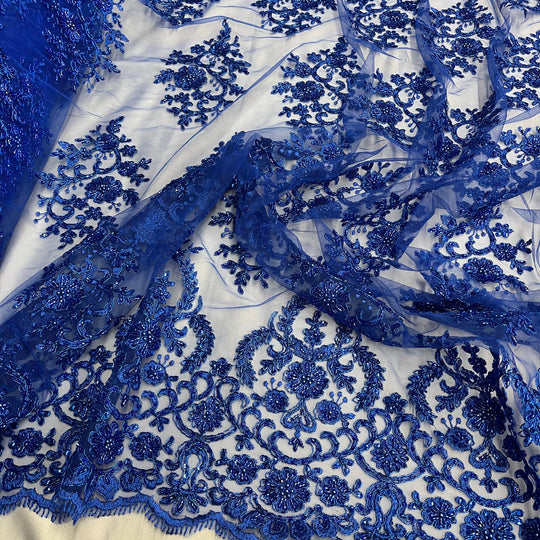 1 Yard Luxurious Beaded and Corded Bridal Lace Fabric Embroidered on Polyester Net Mesh