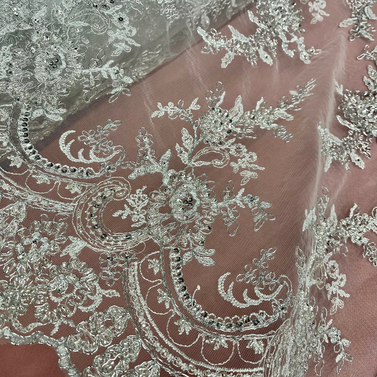 1 Yard Beaded and Corded Bridal Fabric Lace Embroidered on Polyester Net Mesh 51 inch Width