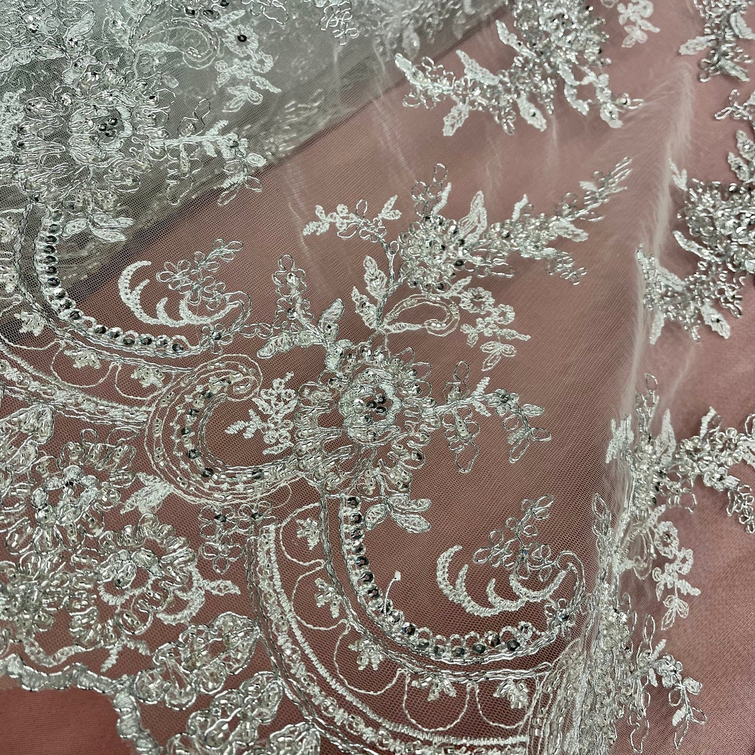 1 Yard Beaded and Corded Bridal Fabric Lace Embroidered on Polyester Net Mesh 51 inch Width