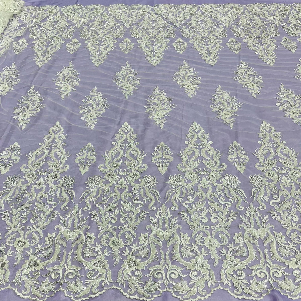 Beaded Sequined Lace Fabric Ivory