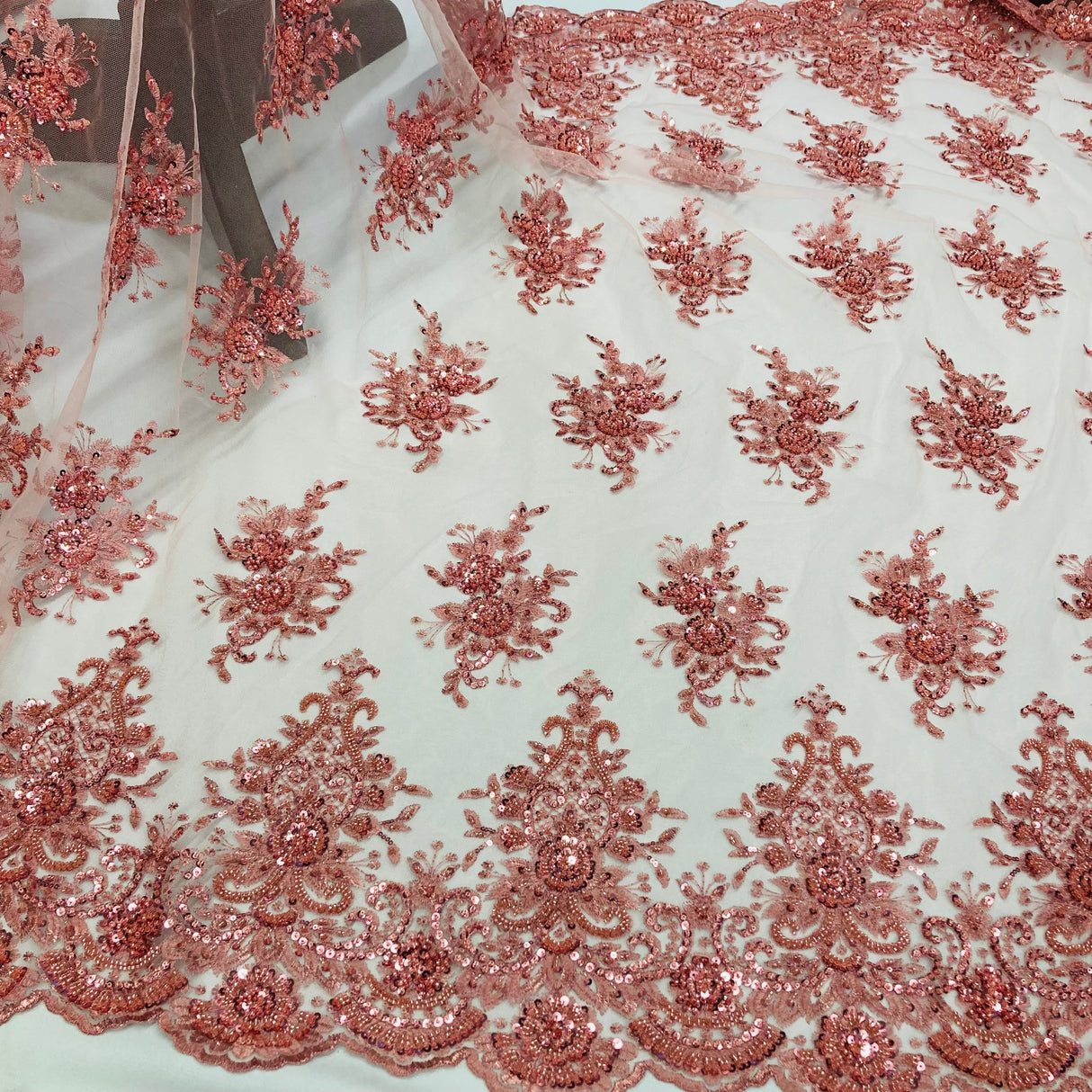 Beaded Lace Fabric on Polyester Net Mesh 50"