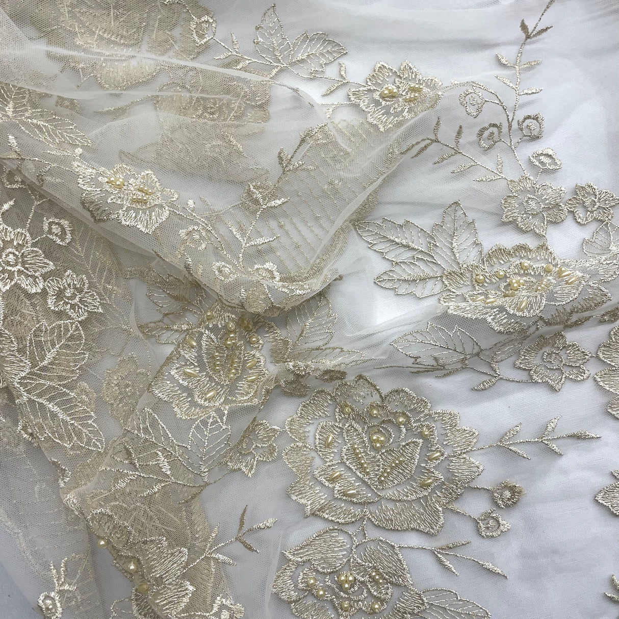 Beaded Lace Fabric on Polyester Net Mesh