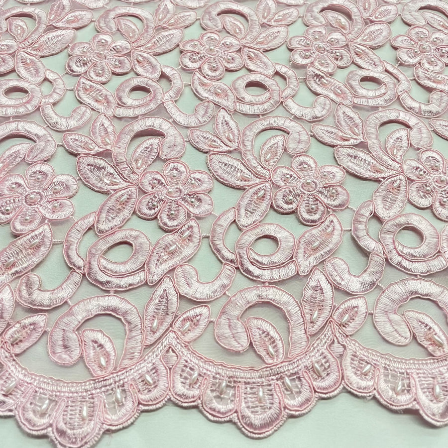 1 Yard Beaded Corded Bridal Lace Fabric Embroidered on 100 Percent Polyester Net Mesh 52 Inch Width