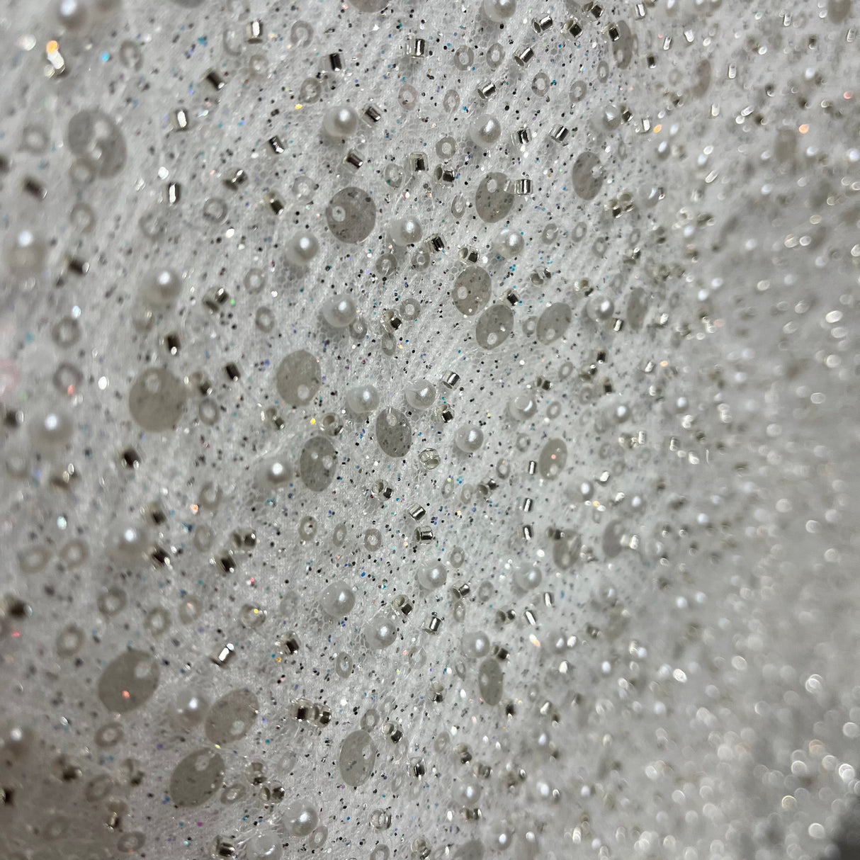 Beaded Sequined Lace Fabric Off White Silver