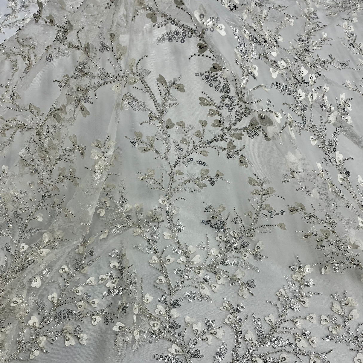 Beaded 3D Floral Lace Fabric Ivory with Silver 54"