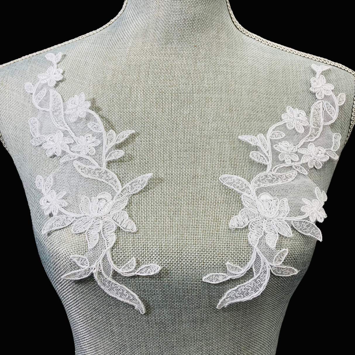 Corded Floral Applique Polyester Fabric - Ivory, White, Ivory With Silver, White With Silver, 11" X 3" (1 Pair)