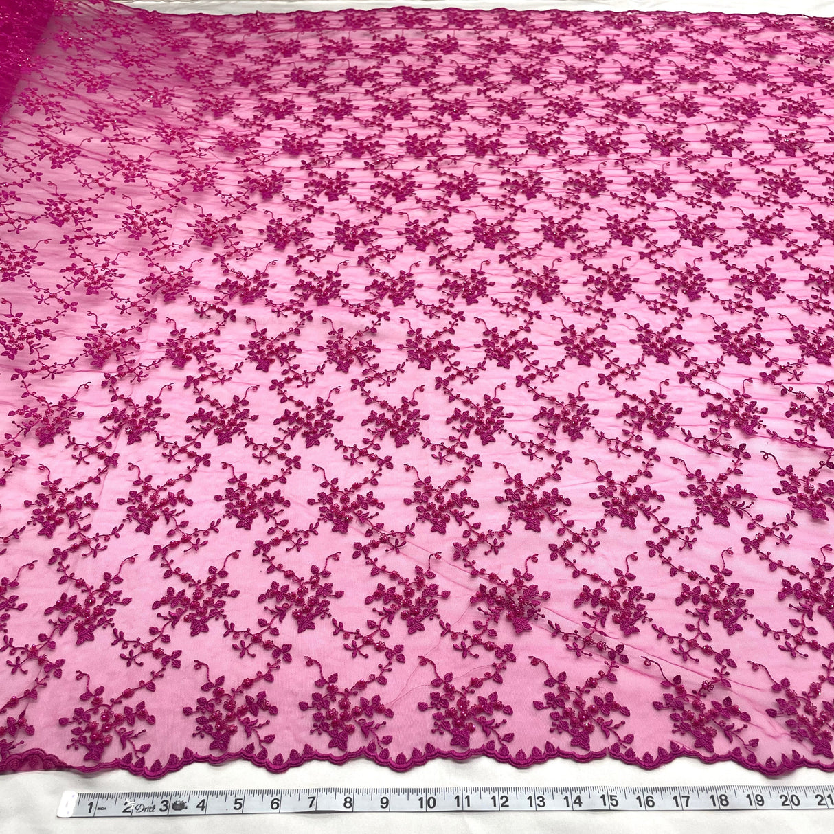 Beaded Lace Fabric Embroidered On 100 Percent Polyester Net Mesh - Fuchsia, Lime Green, Lilac, Silver, Mustard, 53" Width (1 Yard)