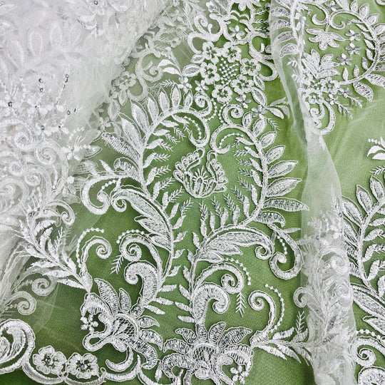 1 Yard Beaded Corded Bridal Lace Fabric Embroidered 100 Percent Polyester Net Mesh 52 inch Width