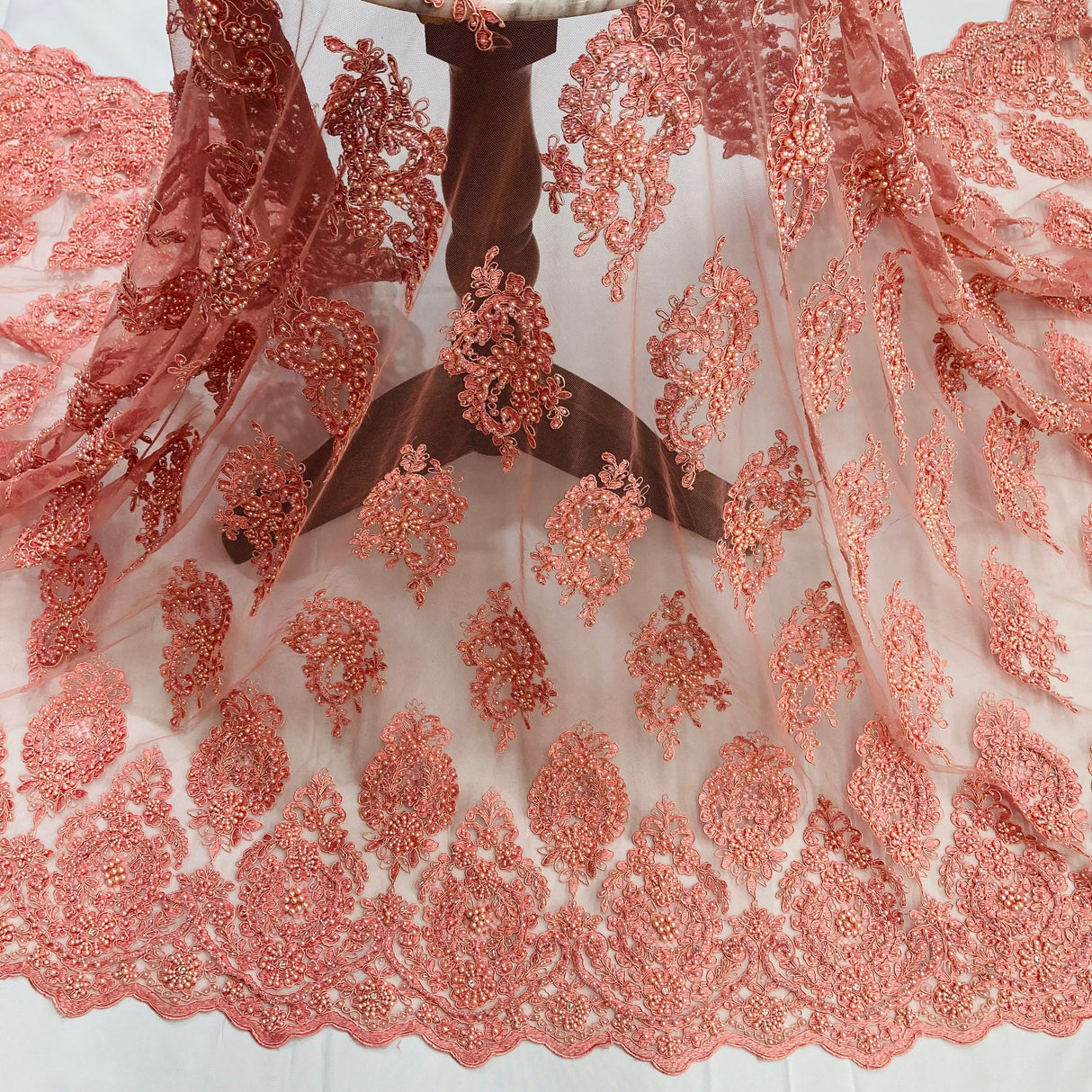 Beaded Corded Lace Fabric on Polyester Net Mesh