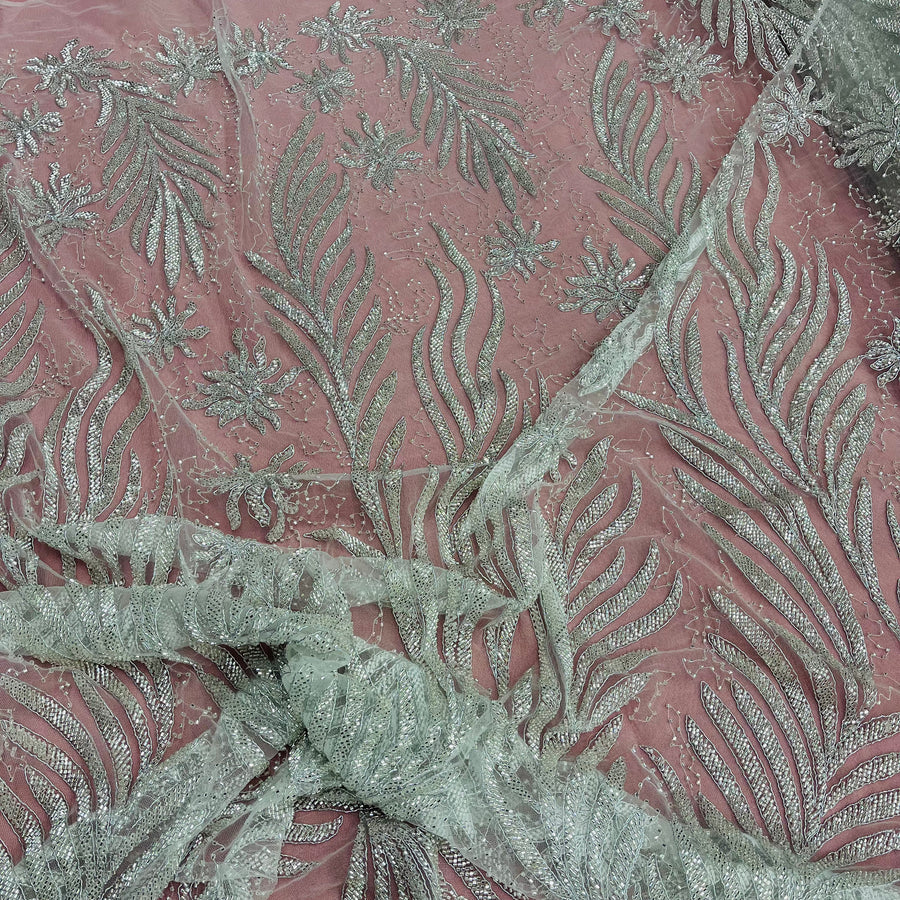 1 Yard Beaded and Corded Bridal Lace Fabric Embroidered on Polyester Net Mesh