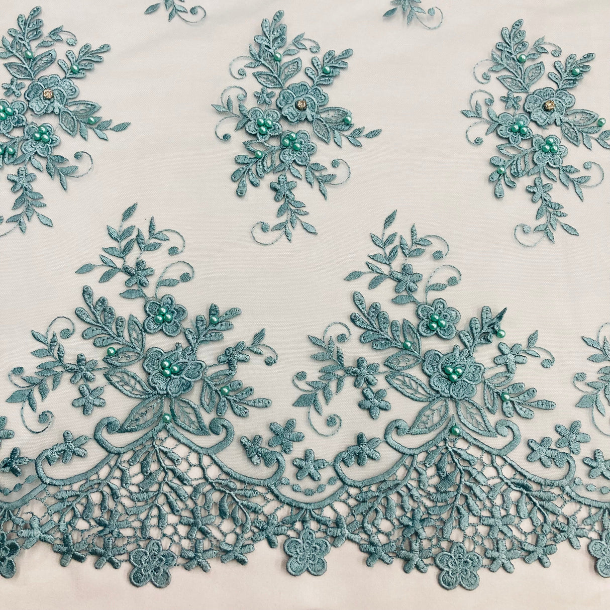 Beaded 3D Floral Lace Polyester Fabric - Jade Floral Embroidered Beaded Mesh, 52" Width (1 Yard)