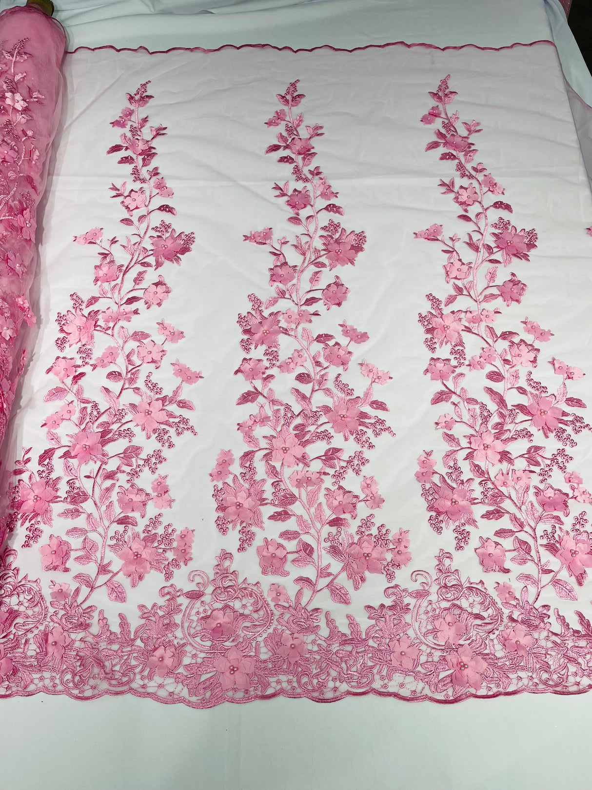 Princess 3D Floral Lace Polyester Fabric - Beaded Mesh Lace, 50" Width (1 Yard)