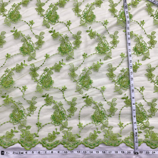 1 Yard Beaded and Corded Bridal Lace Fabric Embroidered on Polyester Net Mesh for Elegant Wedding Gowns – 50"